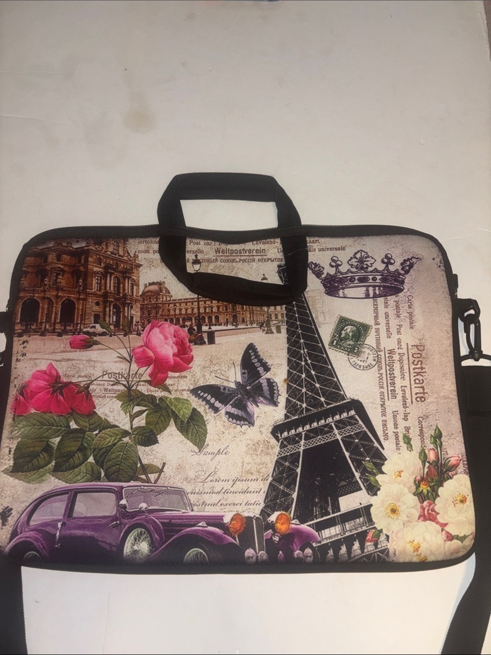 COMPUTER CASE SOFT/THICK PARIS DESIGN FULL ZIPPER HANDLES AND CROSSBODY STRAP